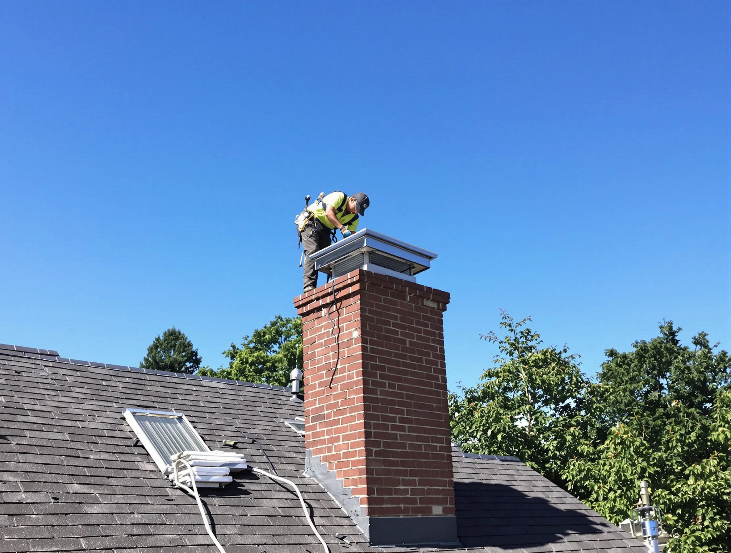 Lilburn Chimney Sweep technician measuring a chimney cap in Lilburn, GA