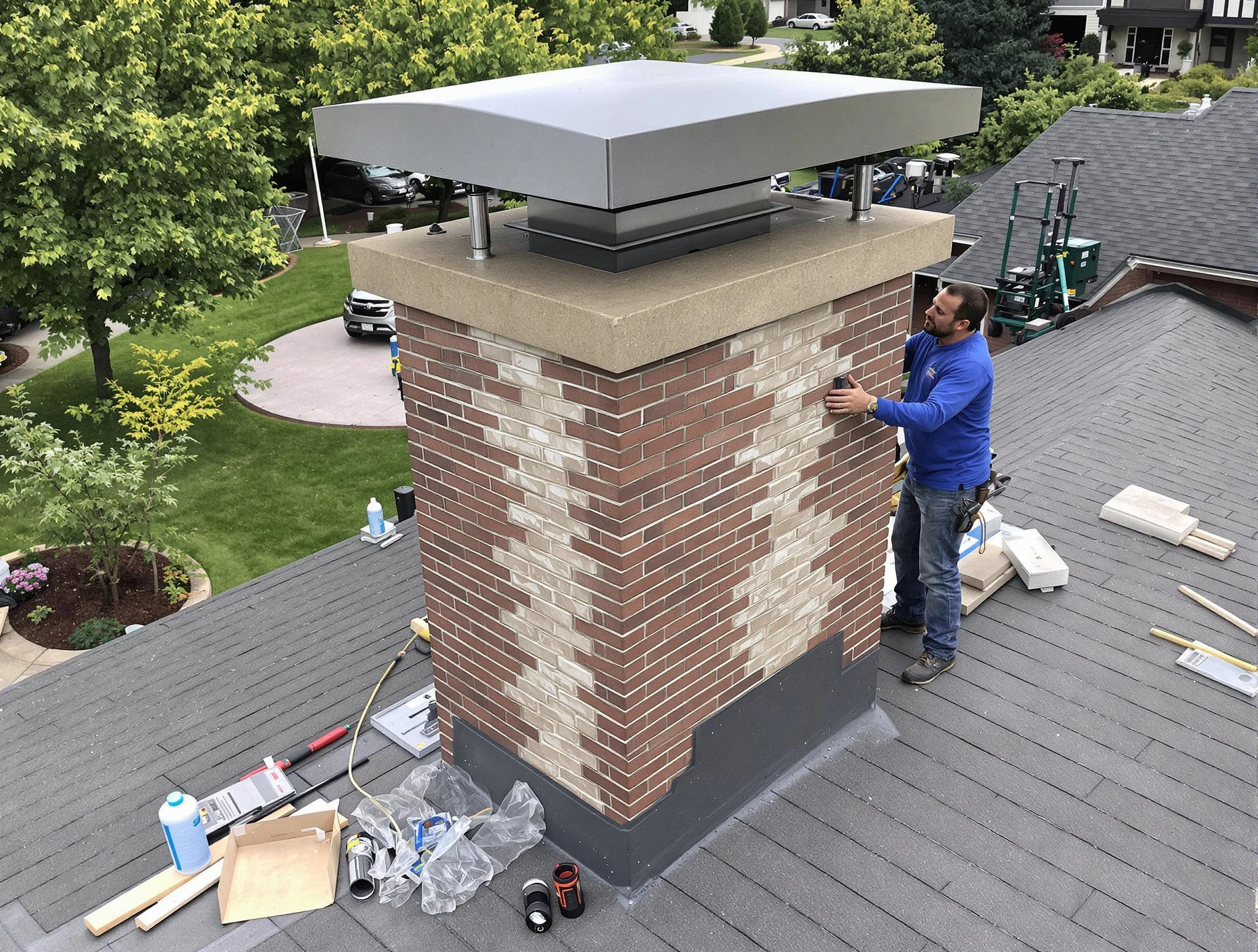 Lilburn Chimney Sweep team working on a custom chimney remodel in Lilburn, GA